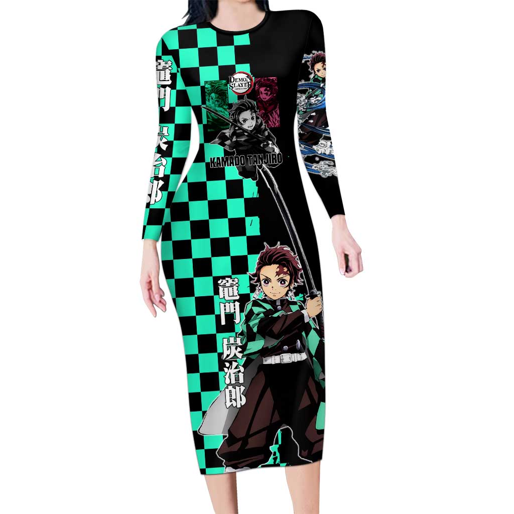 Tanjiro Kamado from Demon Slayer Long Sleeve Bodycon Dress with Green Black Checkered Pattern and Water Breathing Sword Pose Design - The Mazicc