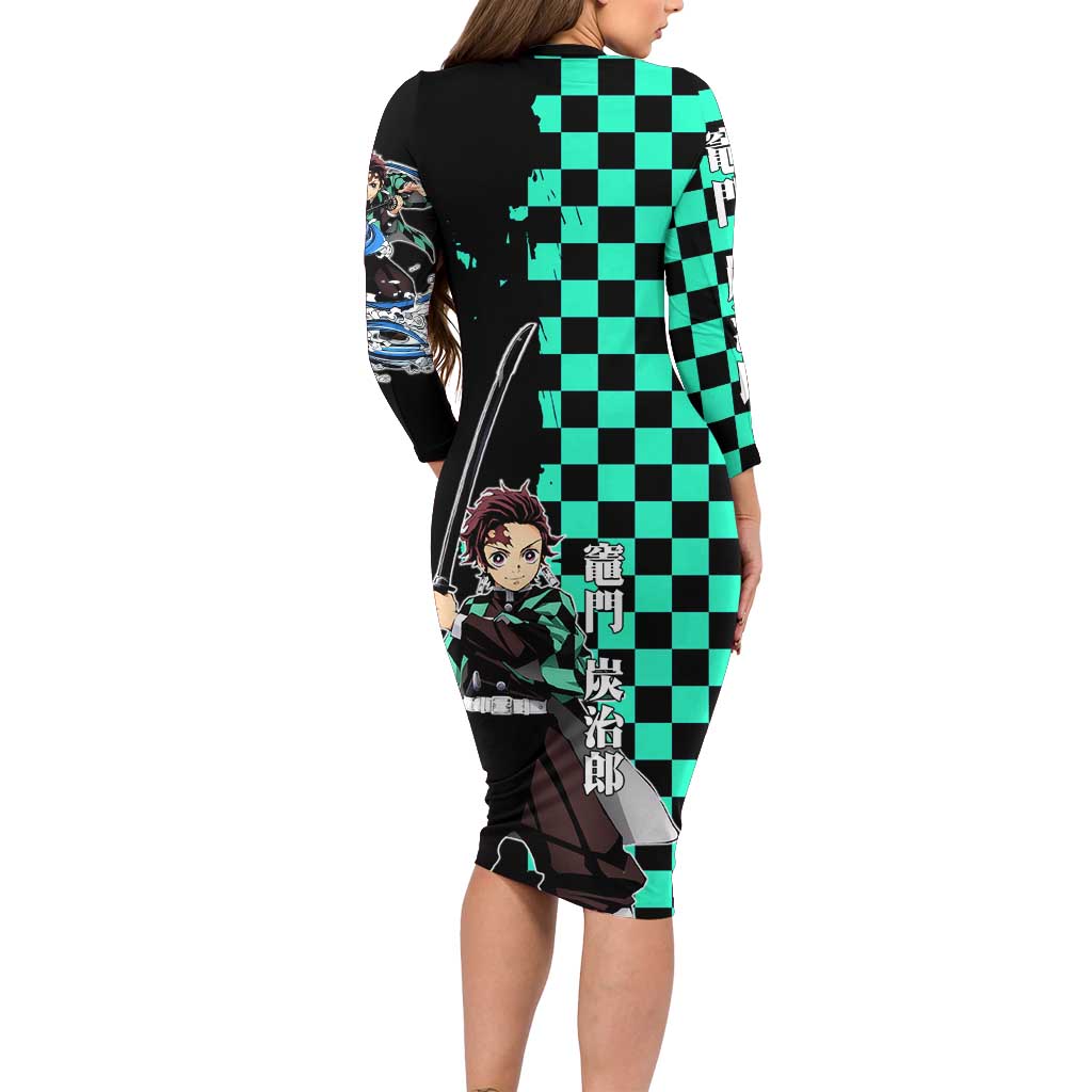 Tanjiro Kamado from Demon Slayer Long Sleeve Bodycon Dress with Green Black Checkered Pattern and Water Breathing Sword Pose Design - The Mazicc