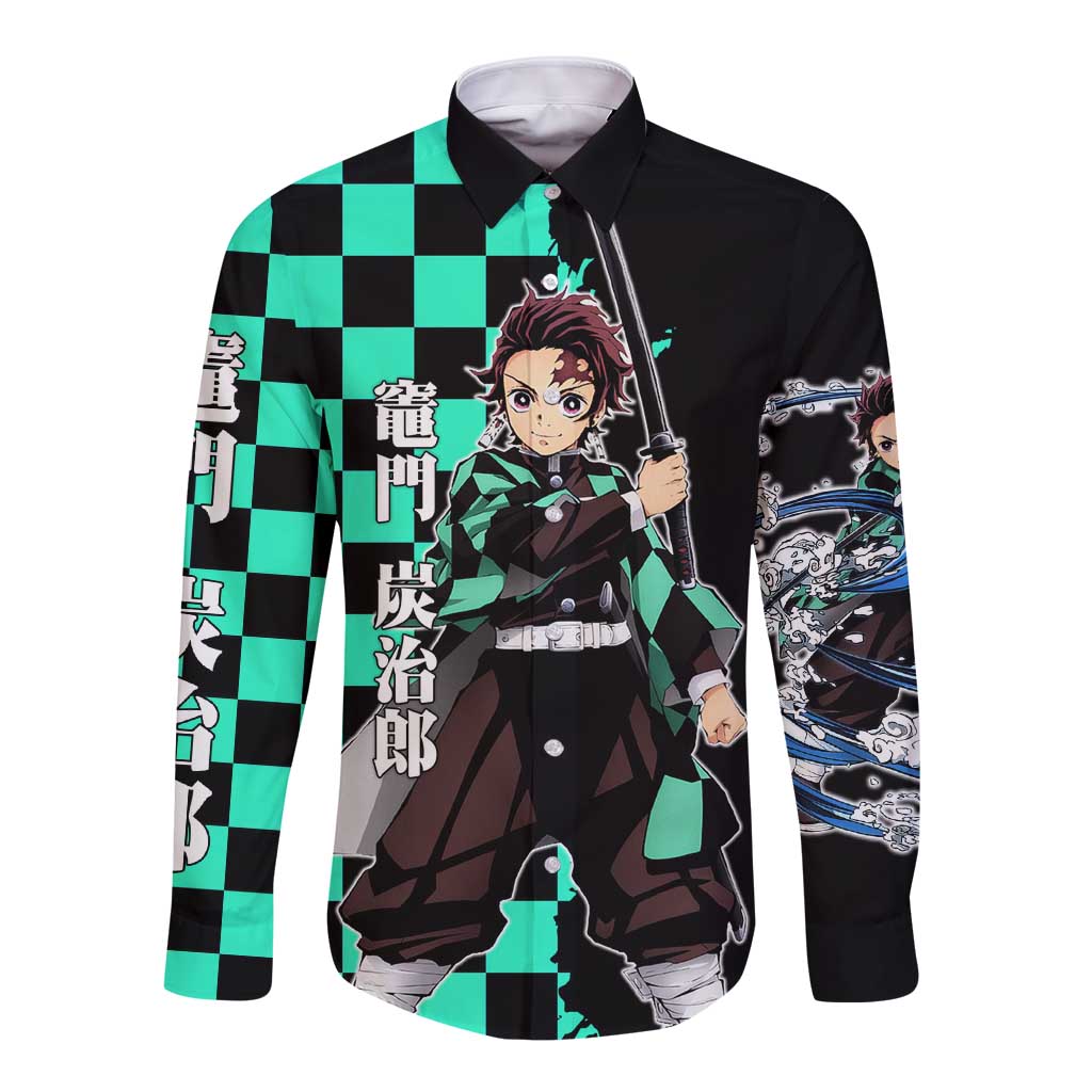 Tanjiro Kamado from Demon Slayer Long Sleeve Button Shirt with Green Black Checkered Pattern and Water Breathing Sword Pose Design - The Mazicc
