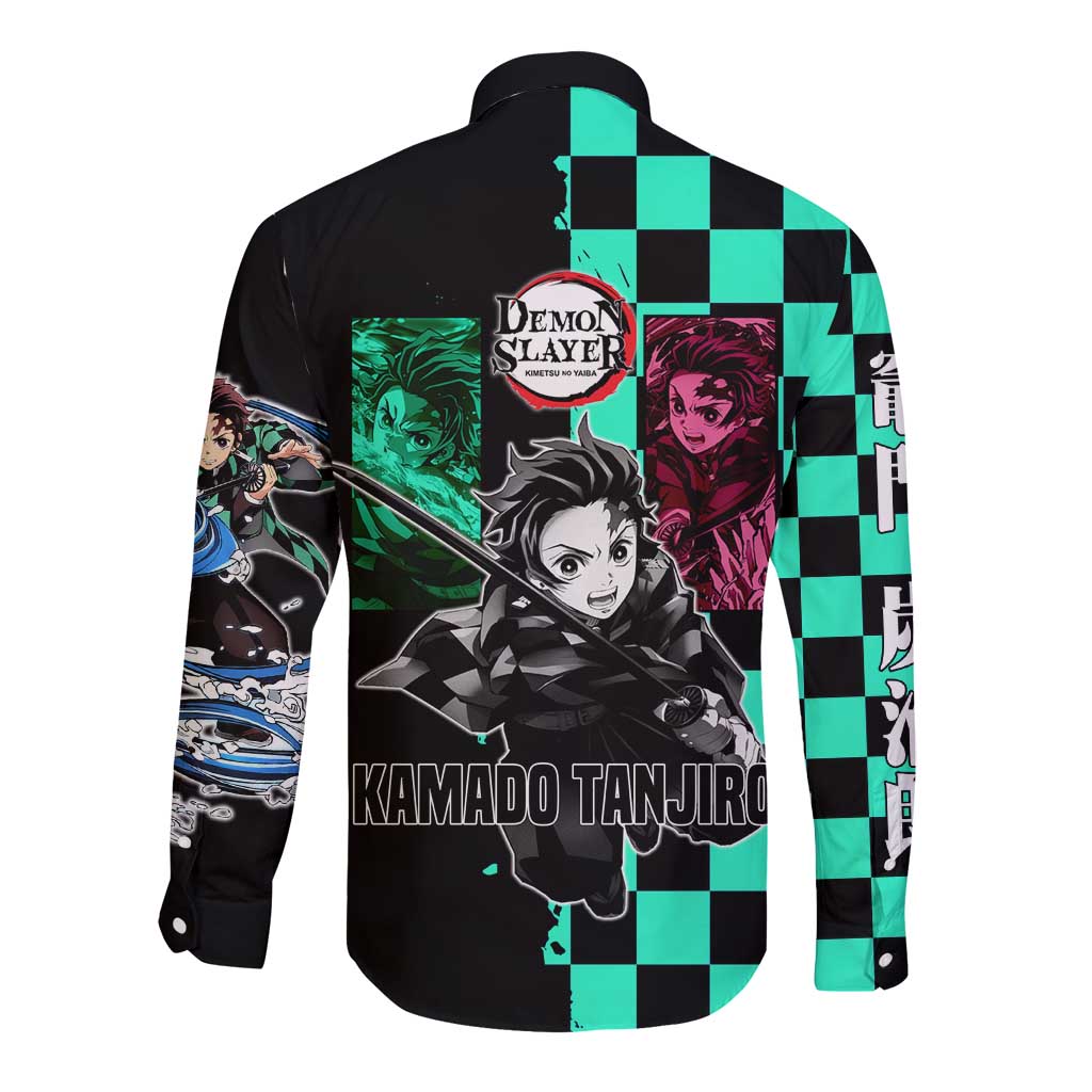 Tanjiro Kamado from Demon Slayer Long Sleeve Button Shirt with Green Black Checkered Pattern and Water Breathing Sword Pose Design - The Mazicc