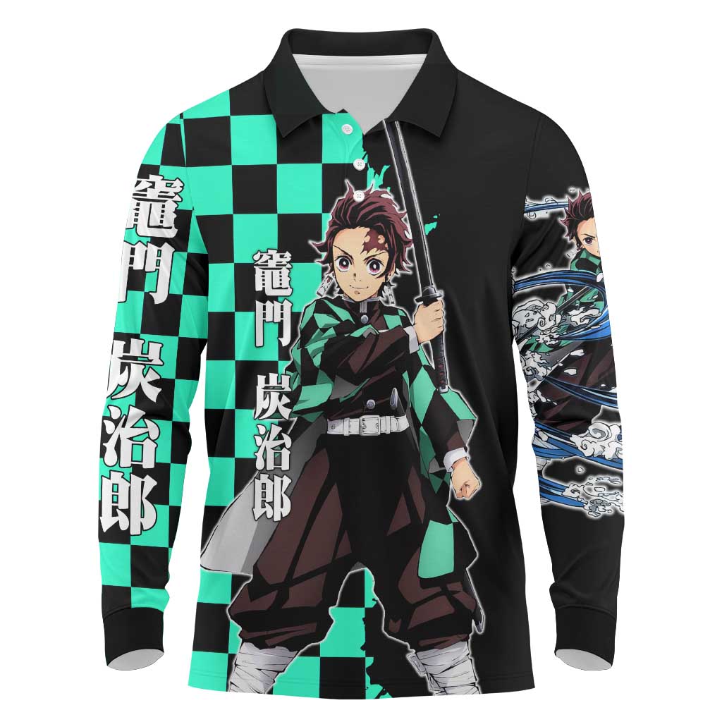 Tanjiro Kamado from Demon Slayer Long Sleeve Polo Shirt with Green Black Checkered Pattern and Water Breathing Sword Pose Design - The Mazicc