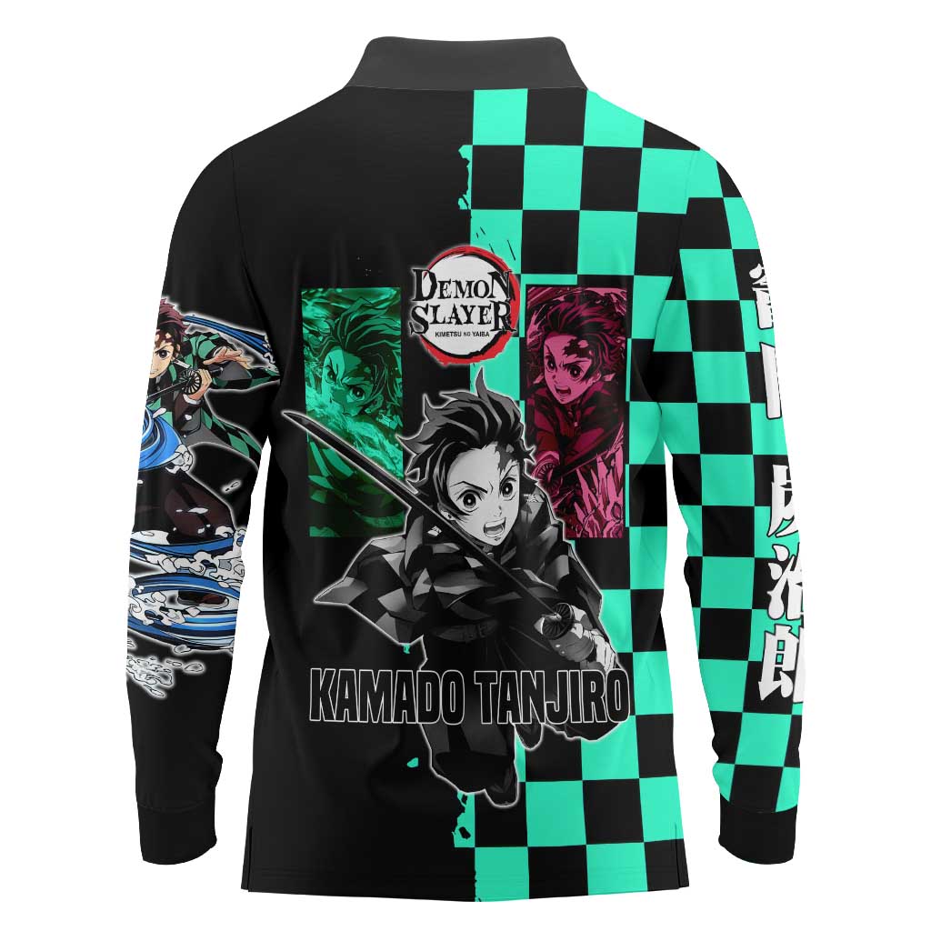 Tanjiro Kamado from Demon Slayer Long Sleeve Polo Shirt with Green Black Checkered Pattern and Water Breathing Sword Pose Design - The Mazicc