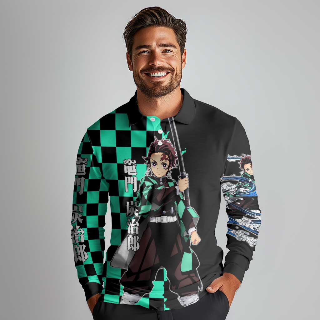 Tanjiro Kamado from Demon Slayer Long Sleeve Polo Shirt with Green Black Checkered Pattern and Water Breathing Sword Pose Design - The Mazicc