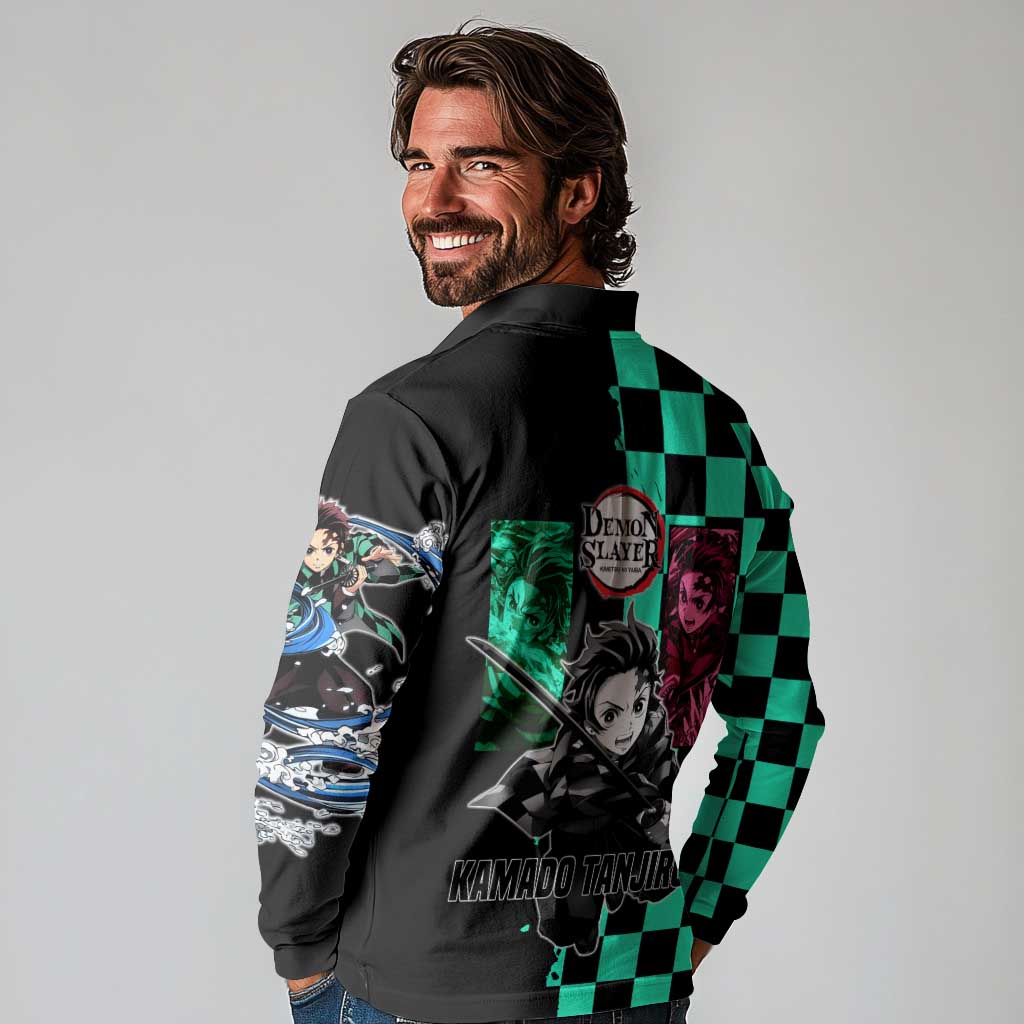 Tanjiro Kamado from Demon Slayer Long Sleeve Polo Shirt with Green Black Checkered Pattern and Water Breathing Sword Pose Design - The Mazicc