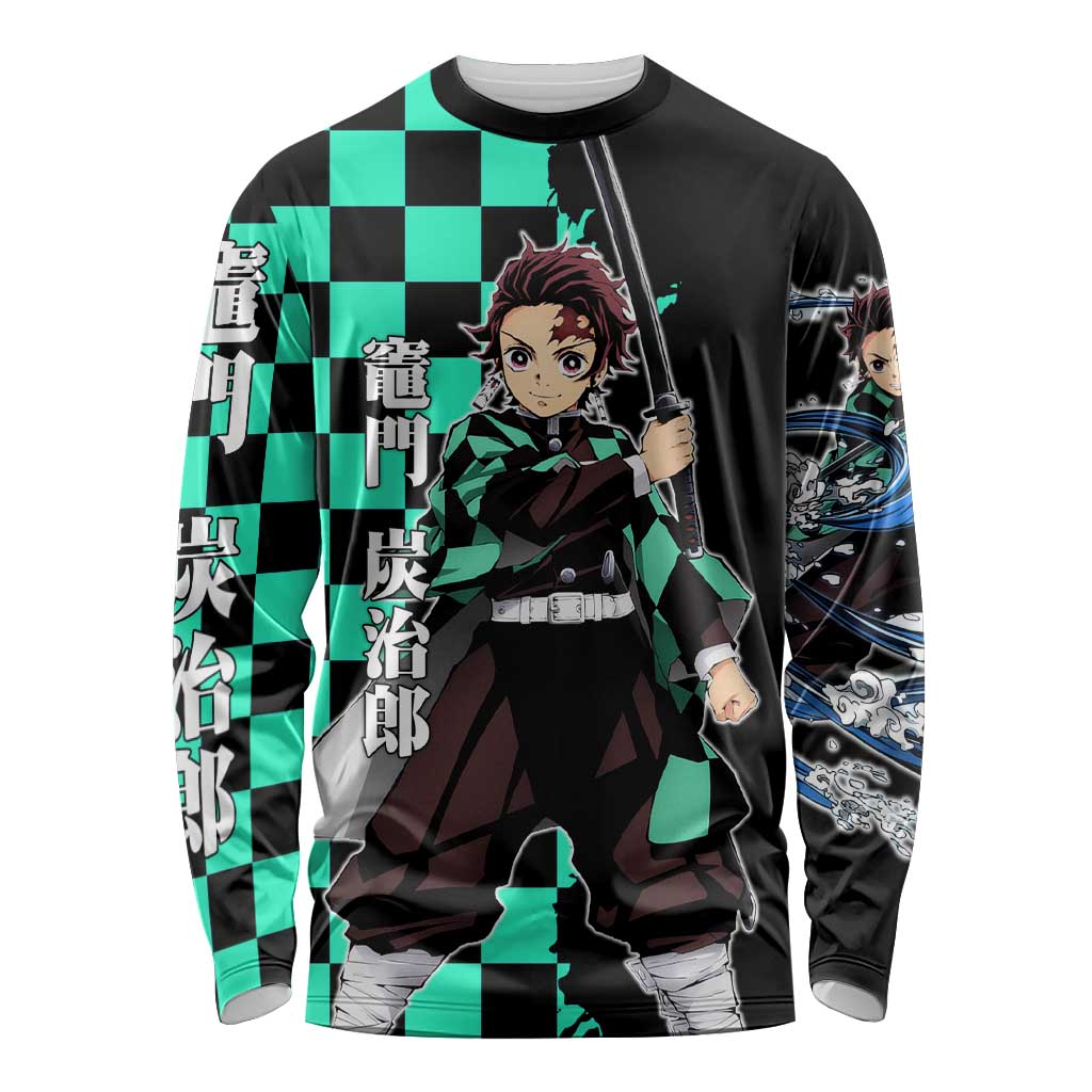 Tanjiro Kamado from Demon Slayer Long Sleeve Shirt with Green Black Checkered Pattern and Water Breathing Sword Pose Design - The Mazicc