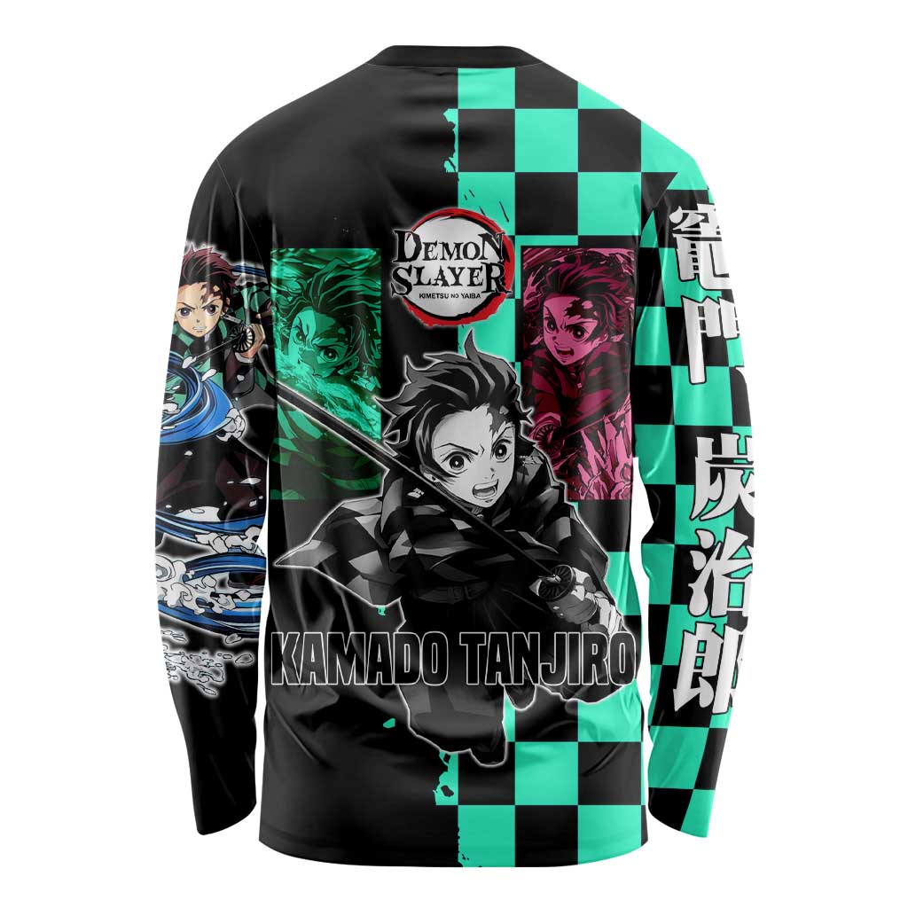 Tanjiro Kamado from Demon Slayer Long Sleeve Shirt with Green Black Checkered Pattern and Water Breathing Sword Pose Design - The Mazicc