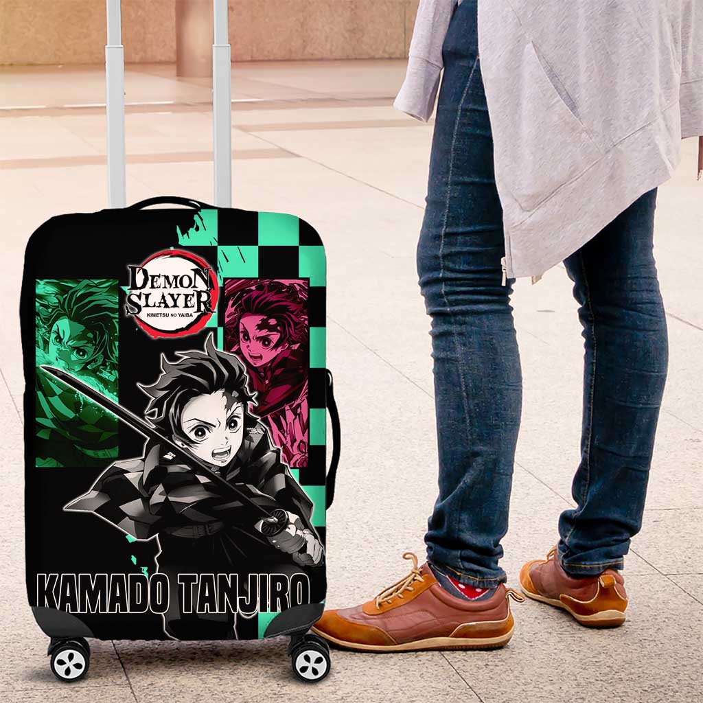Tanjiro Kamado from Demon Slayer Luggage Cover with Green Black Checkered Pattern and Water Breathing Sword Pose Design - The Mazicc