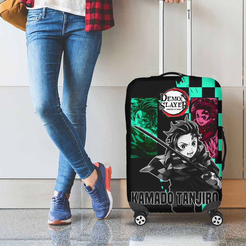 Tanjiro Kamado from Demon Slayer Luggage Cover with Green Black Checkered Pattern and Water Breathing Sword Pose Design - The Mazicc