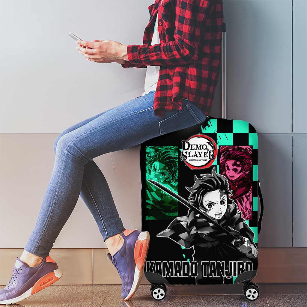 Tanjiro Kamado from Demon Slayer Luggage Cover with Green Black Checkered Pattern and Water Breathing Sword Pose Design - The Mazicc