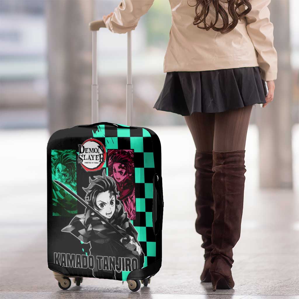 Tanjiro Kamado from Demon Slayer Luggage Cover with Green Black Checkered Pattern and Water Breathing Sword Pose Design - The Mazicc