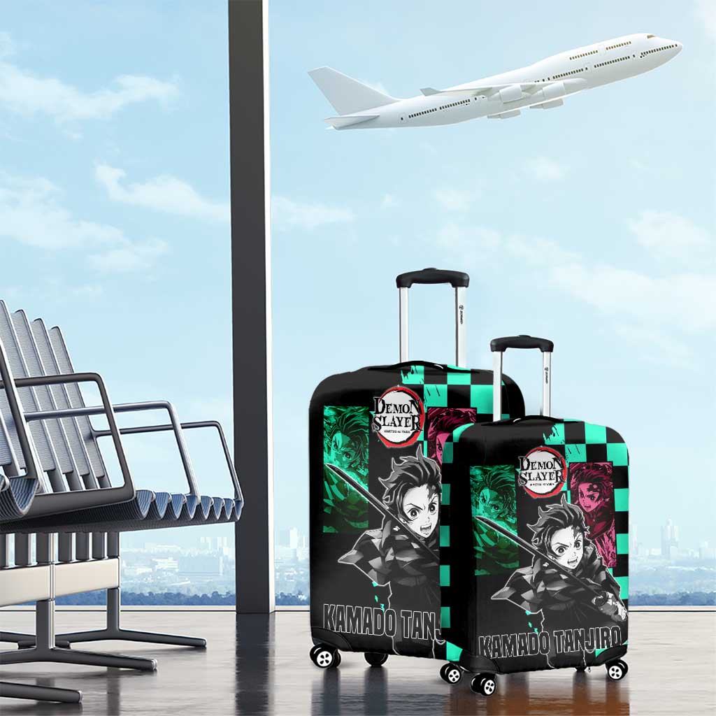 Tanjiro Kamado from Demon Slayer Luggage Cover with Green Black Checkered Pattern and Water Breathing Sword Pose Design - The Mazicc