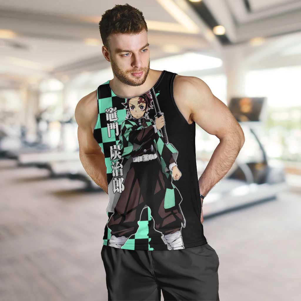 Tanjiro Kamado from Demon Slayer Men Tank Top with Green Black Checkered Pattern and Water Breathing Sword Pose Design - The Mazicc