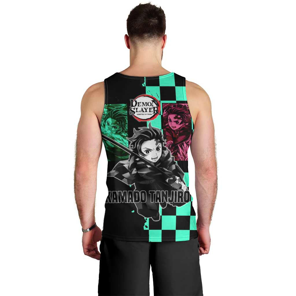 Tanjiro Kamado from Demon Slayer Men Tank Top with Green Black Checkered Pattern and Water Breathing Sword Pose Design - The Mazicc