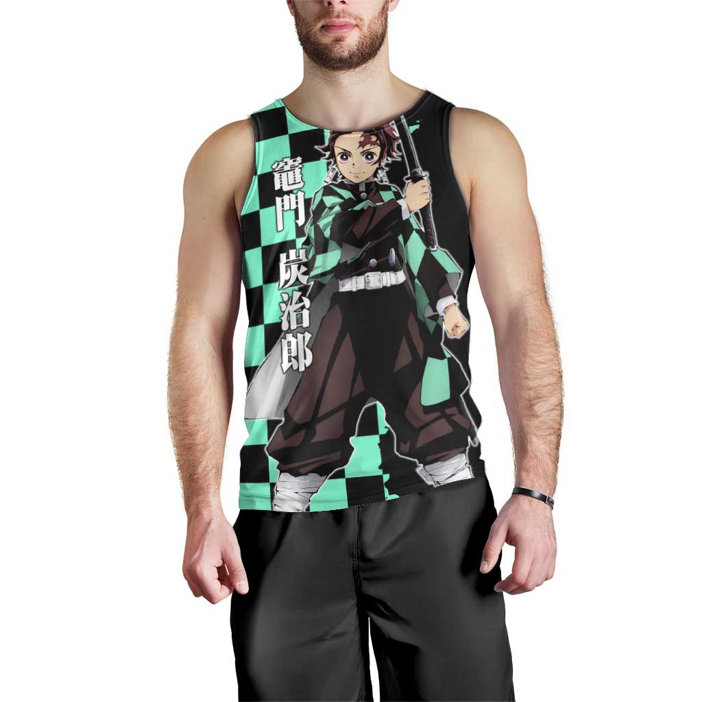 Tanjiro Kamado from Demon Slayer Men Tank Top with Green Black Checkered Pattern and Water Breathing Sword Pose Design - The Mazicc