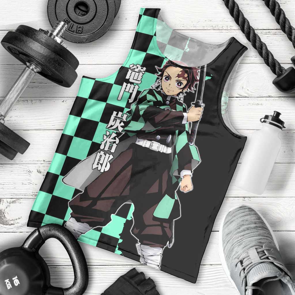 Tanjiro Kamado from Demon Slayer Men Tank Top with Green Black Checkered Pattern and Water Breathing Sword Pose Design - The Mazicc