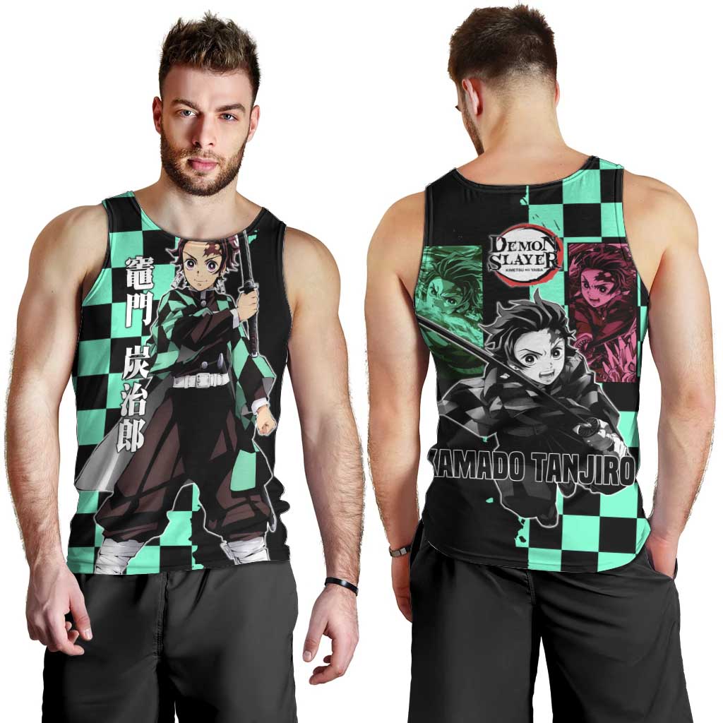 Tanjiro Kamado from Demon Slayer Men Tank Top with Green Black Checkered Pattern and Water Breathing Sword Pose Design - The Mazicc