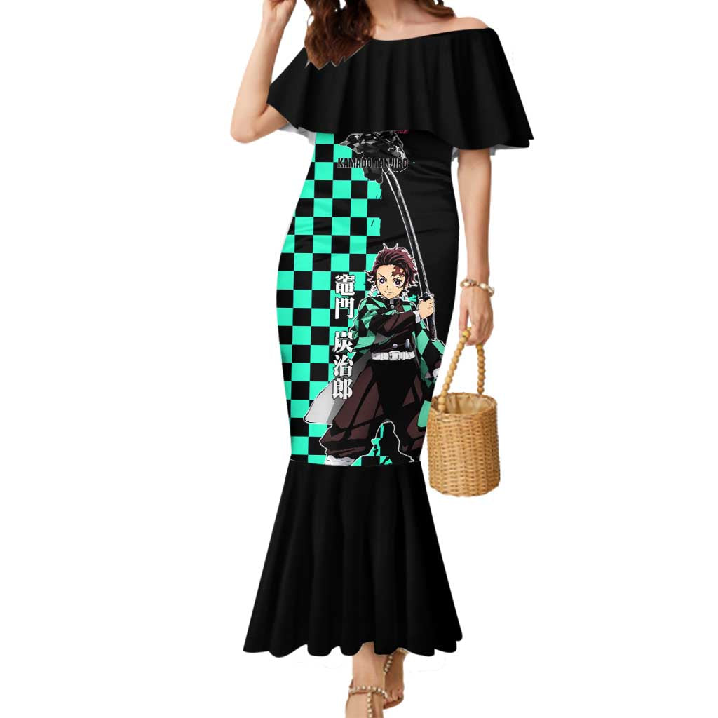 Tanjiro Kamado from Demon Slayer Mermaid Dress with Green Black Checkered Pattern and Water Breathing Sword Pose Design - The Mazicc