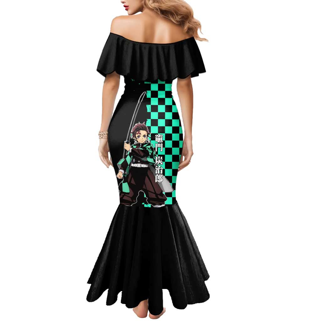 Tanjiro Kamado from Demon Slayer Mermaid Dress with Green Black Checkered Pattern and Water Breathing Sword Pose Design - The Mazicc