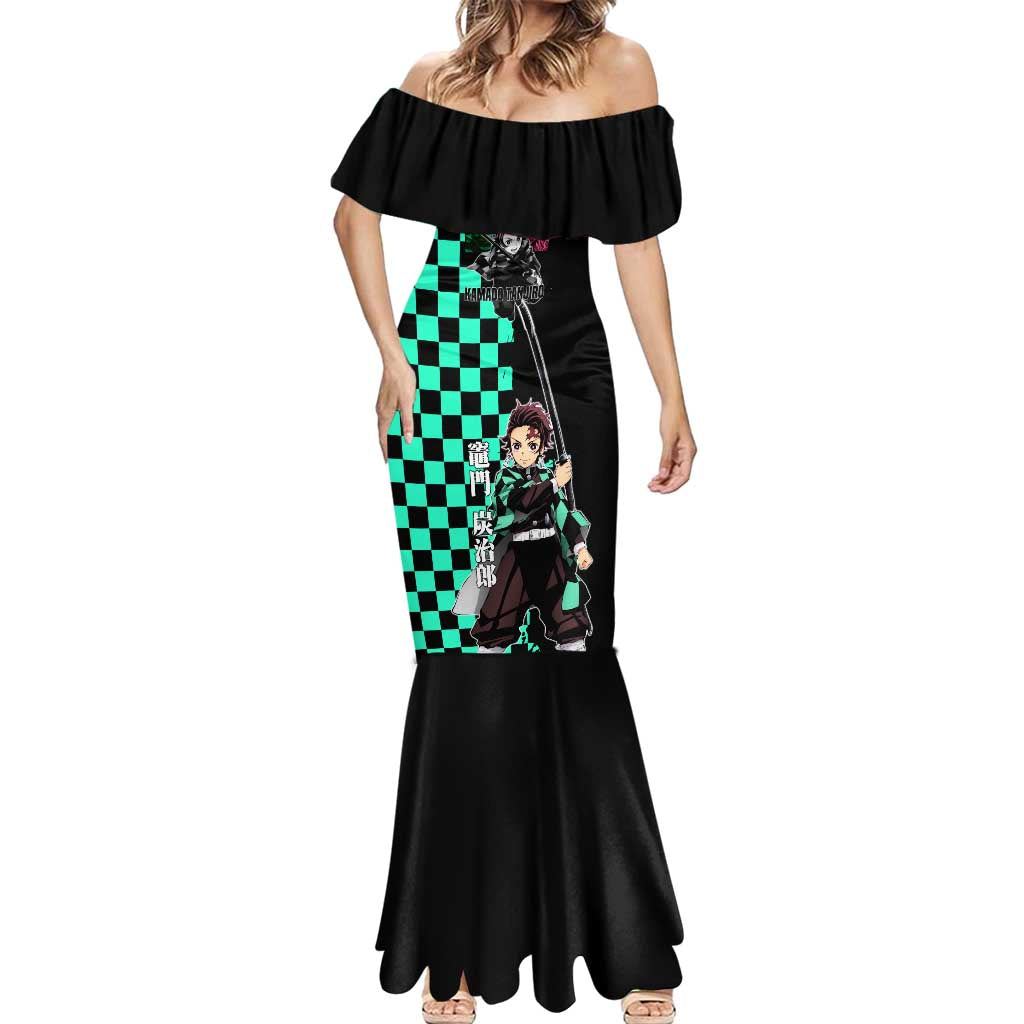 Tanjiro Kamado from Demon Slayer Mermaid Dress with Green Black Checkered Pattern and Water Breathing Sword Pose Design - The Mazicc