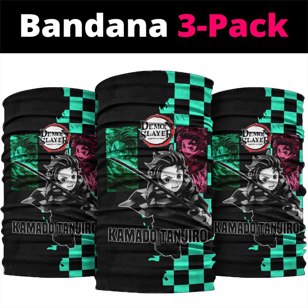 Tanjiro Kamado from Demon Slayer Neck Gaiter with Green Black Checkered Pattern and Water Breathing Sword Pose Design - The Mazicc