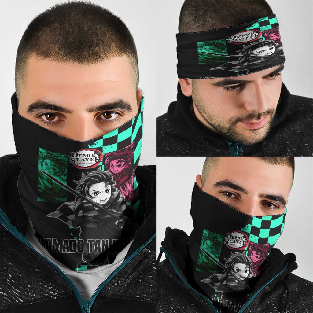 Tanjiro Kamado from Demon Slayer Neck Gaiter with Green Black Checkered Pattern and Water Breathing Sword Pose Design - The Mazicc