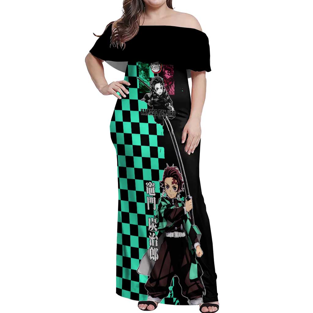 Tanjiro Kamado from Demon Slayer Off Shoulder Maxi Dress with Green Black Checkered Pattern and Water Breathing Sword Pose Design - The Mazicc