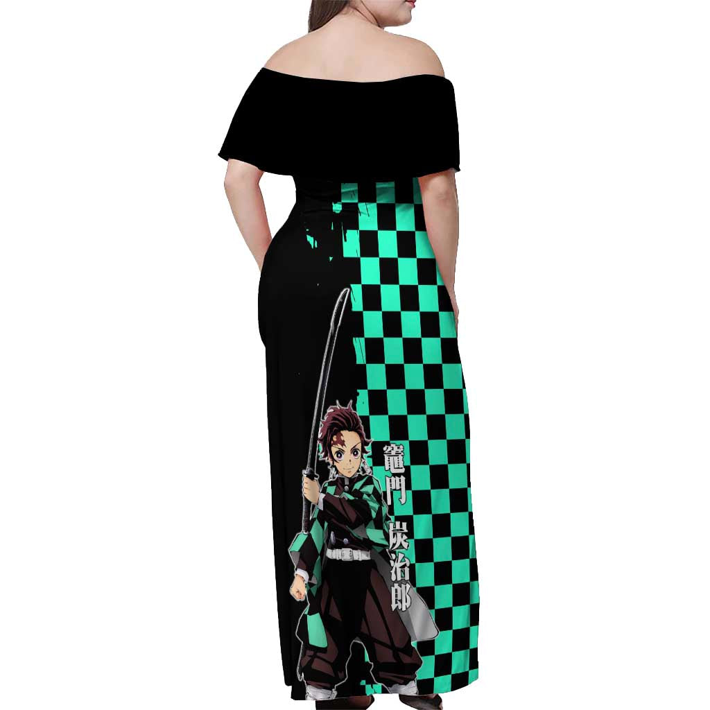 Tanjiro Kamado from Demon Slayer Off Shoulder Maxi Dress with Green Black Checkered Pattern and Water Breathing Sword Pose Design - The Mazicc