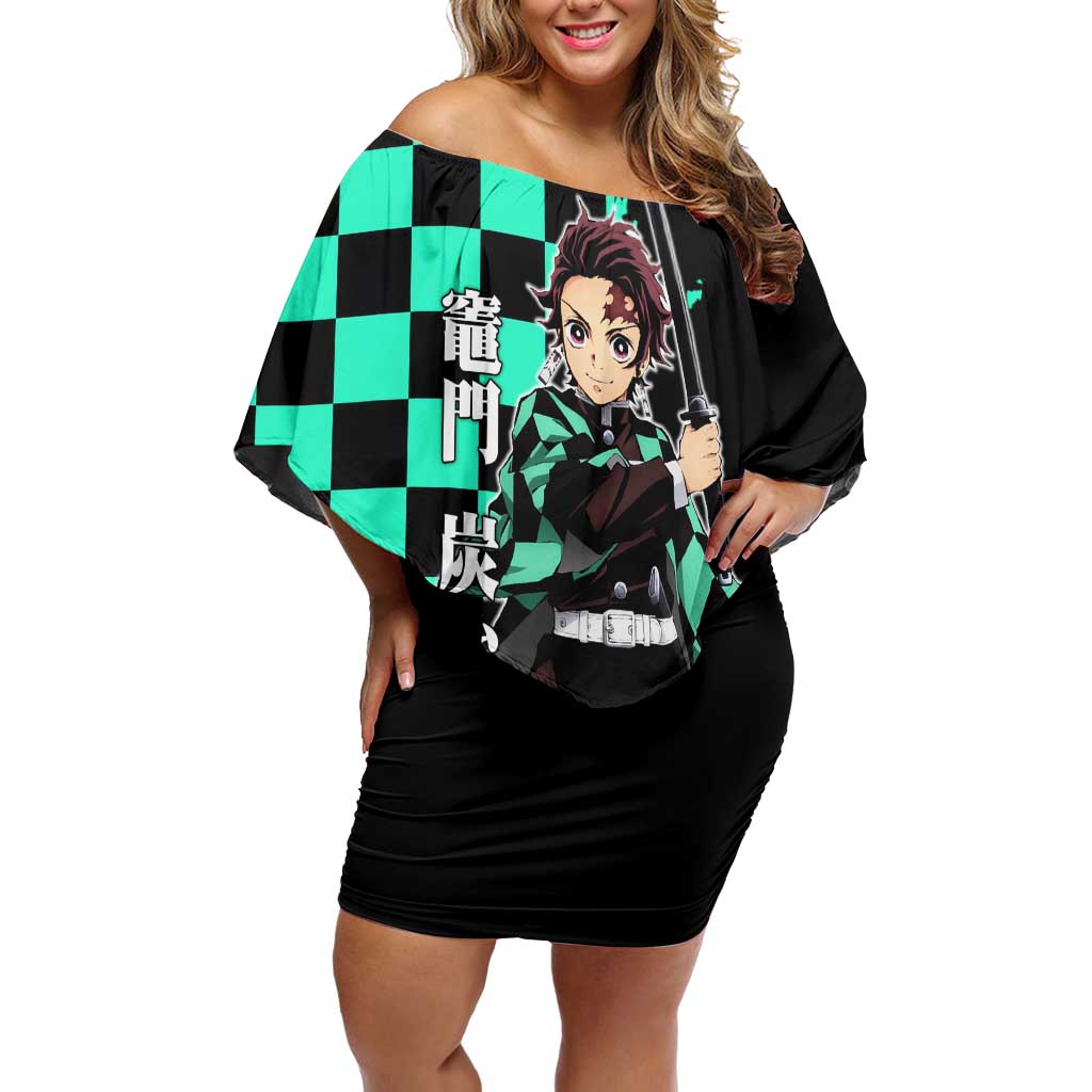 Tanjiro Kamado from Demon Slayer Off Shoulder Short Dress with Green Black Checkered Pattern and Water Breathing Sword Pose Design - The Mazicc