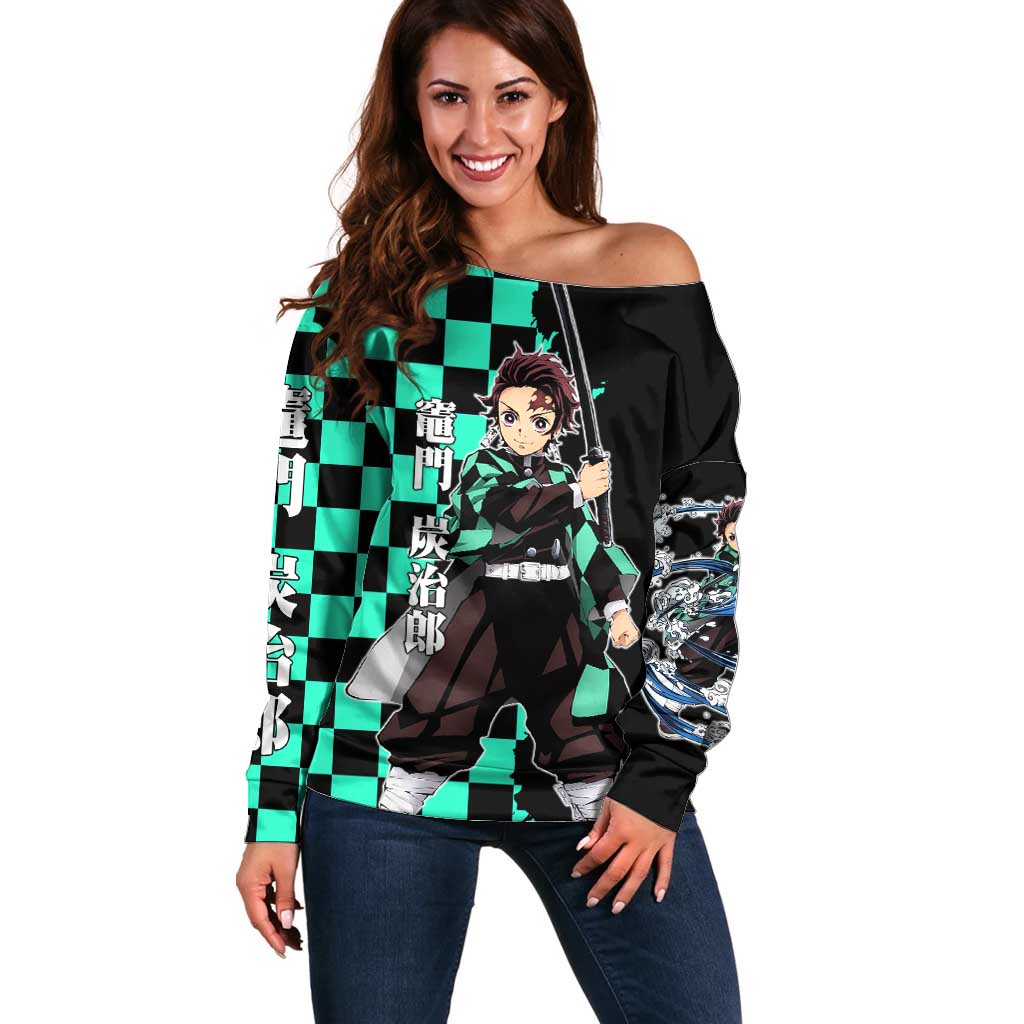 Tanjiro Kamado from Demon Slayer Off Shoulder Sweater with Green Black Checkered Pattern and Water Breathing Sword Pose Design - The Mazicc