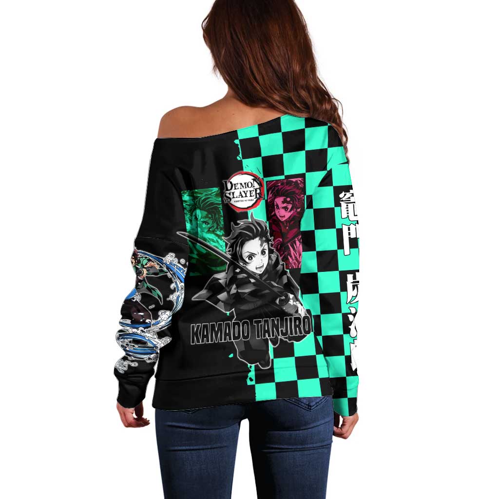 Tanjiro Kamado from Demon Slayer Off Shoulder Sweater with Green Black Checkered Pattern and Water Breathing Sword Pose Design - The Mazicc