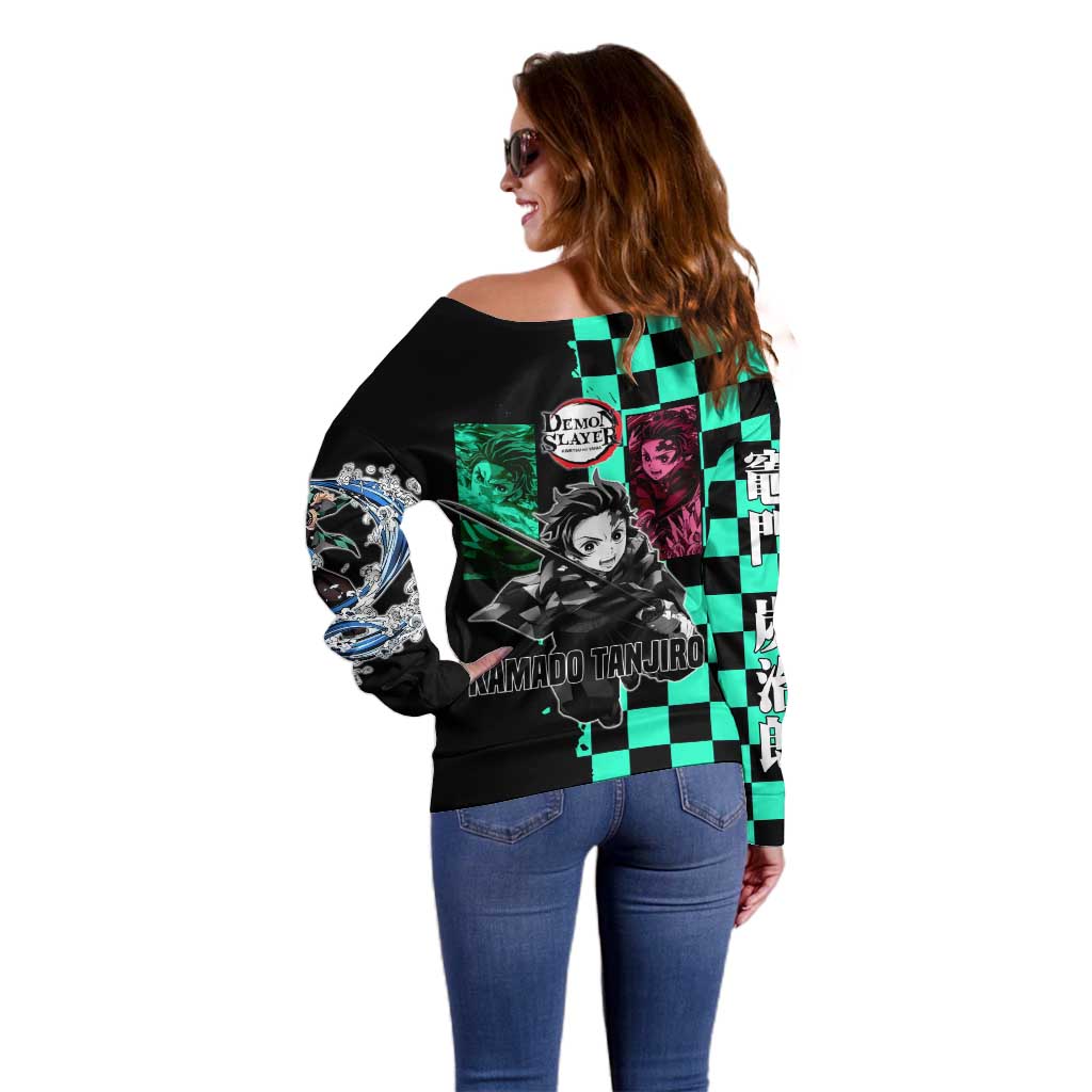 Tanjiro Kamado from Demon Slayer Off Shoulder Sweater with Green Black Checkered Pattern and Water Breathing Sword Pose Design - The Mazicc