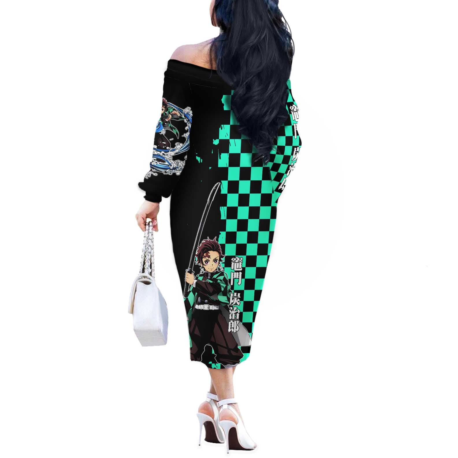 Tanjiro Kamado from Demon Slayer Off The Shoulder Long Sleeve Dress with Green Black Checkered Pattern and Water Breathing Sword Pose Design - The Mazicc