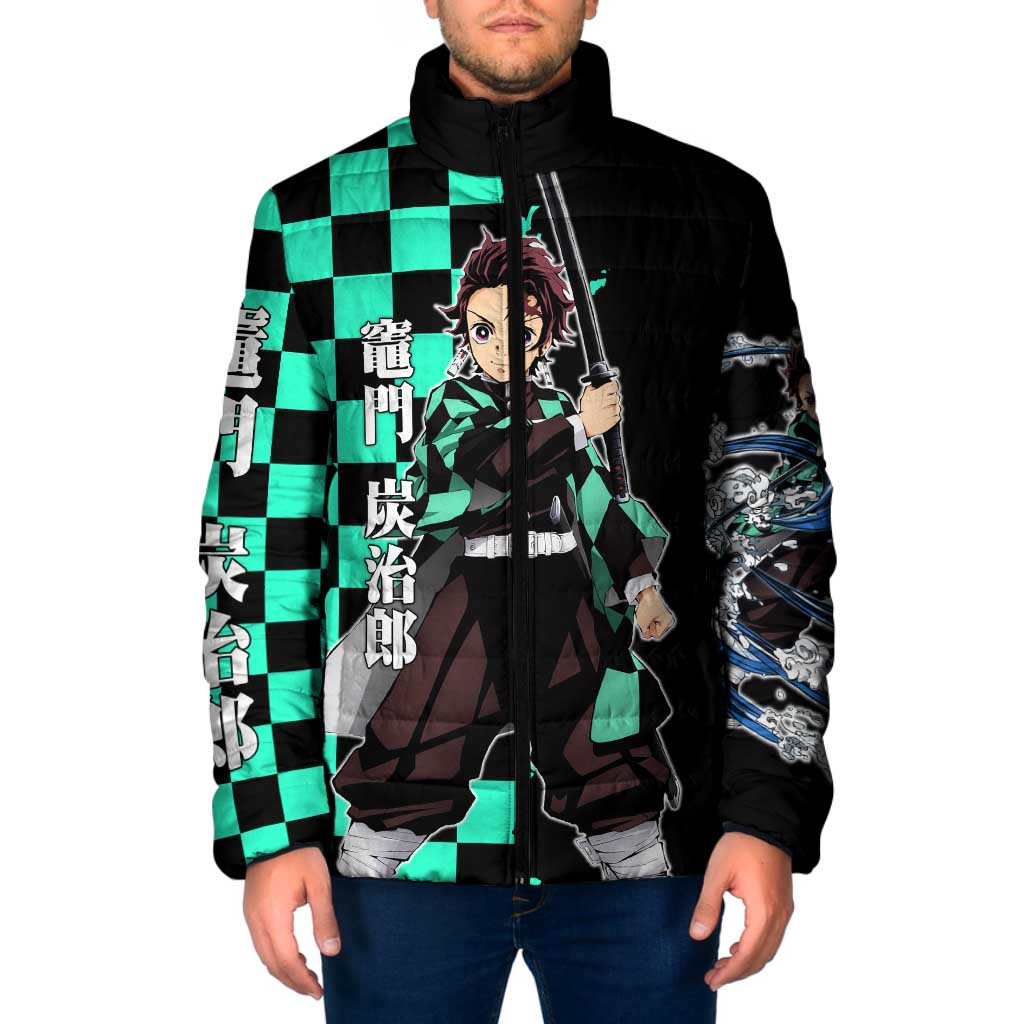 Tanjiro Kamado from Demon Slayer Padded Jacket with Green Black Checkered Pattern and Water Breathing Sword Pose Design - The Mazicc