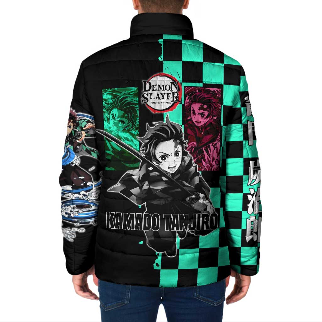 Tanjiro Kamado from Demon Slayer Padded Jacket with Green Black Checkered Pattern and Water Breathing Sword Pose Design - The Mazicc