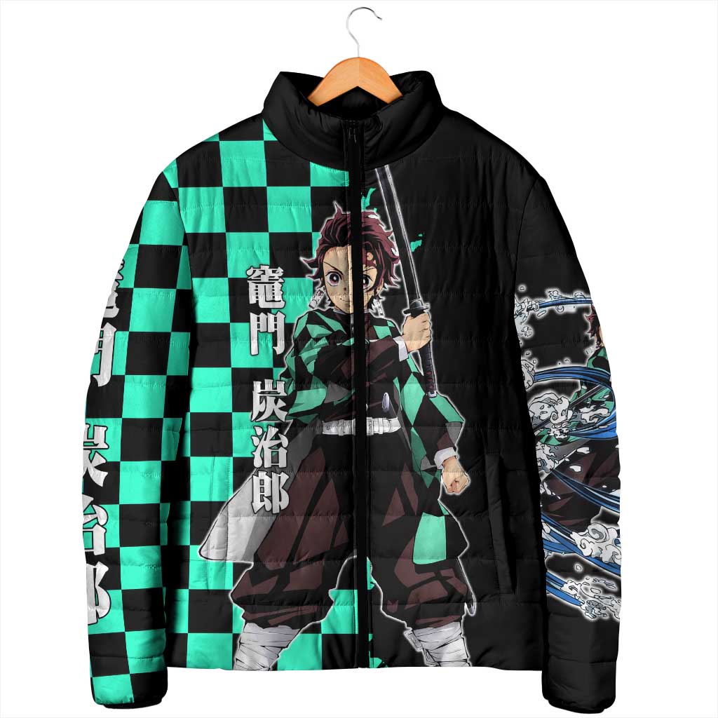 Tanjiro Kamado from Demon Slayer Padded Jacket with Green Black Checkered Pattern and Water Breathing Sword Pose Design - The Mazicc
