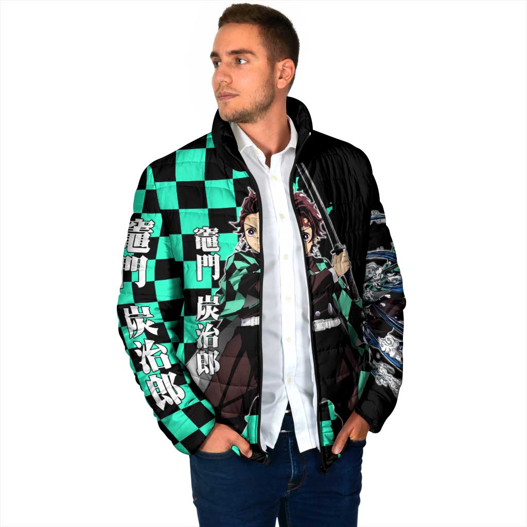 Tanjiro Kamado from Demon Slayer Padded Jacket with Green Black Checkered Pattern and Water Breathing Sword Pose Design - The Mazicc