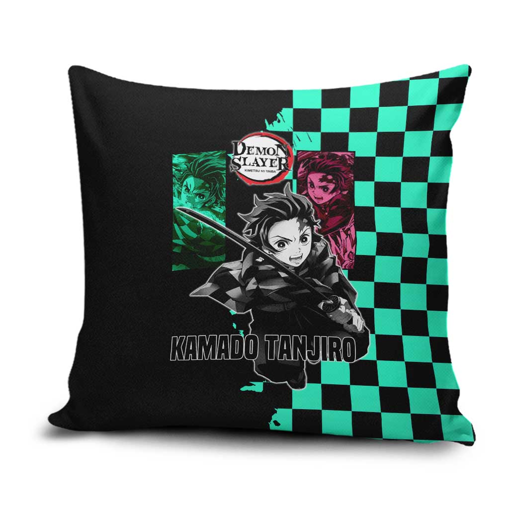 Tanjiro Kamado from Demon Slayer Pillow Cover with Green Black Checkered Pattern and Water Breathing Sword Pose Design - The Mazicc