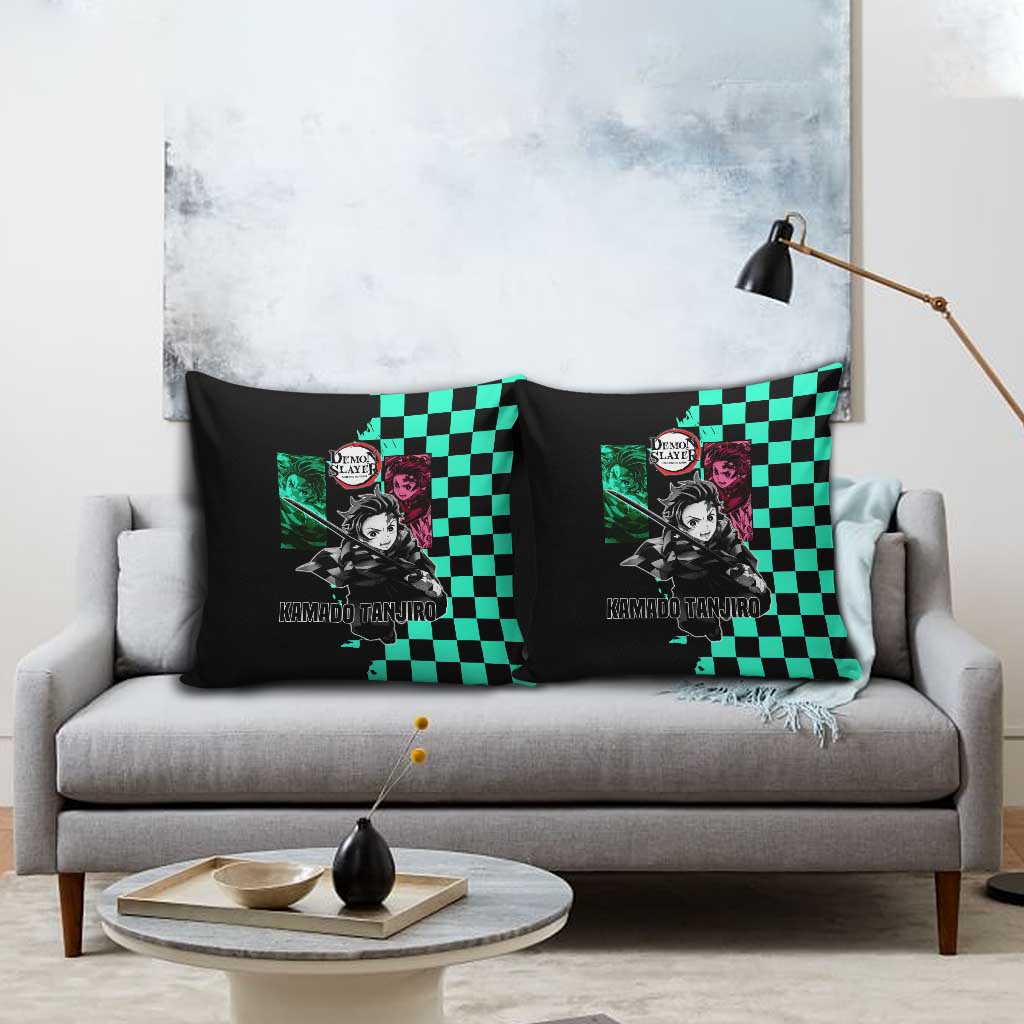 Tanjiro Kamado from Demon Slayer Pillow Cover with Green Black Checkered Pattern and Water Breathing Sword Pose Design - The Mazicc