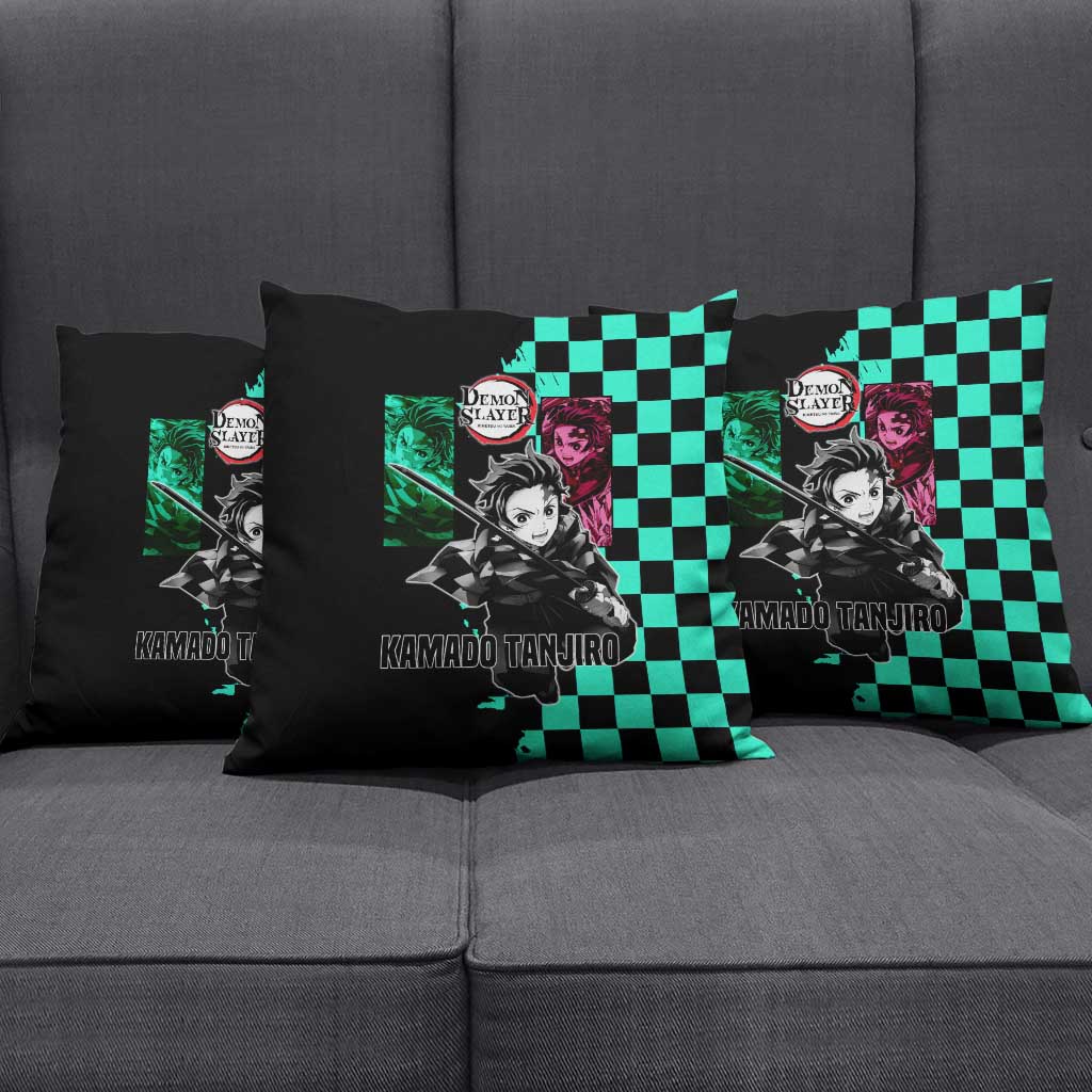 Tanjiro Kamado from Demon Slayer Pillow Cover with Green Black Checkered Pattern and Water Breathing Sword Pose Design - The Mazicc