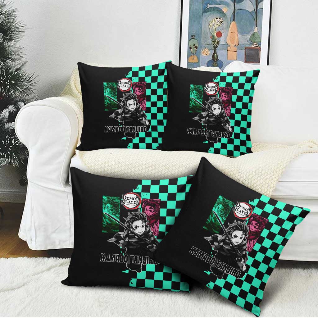 Tanjiro Kamado from Demon Slayer Pillow Cover with Green Black Checkered Pattern and Water Breathing Sword Pose Design - The Mazicc