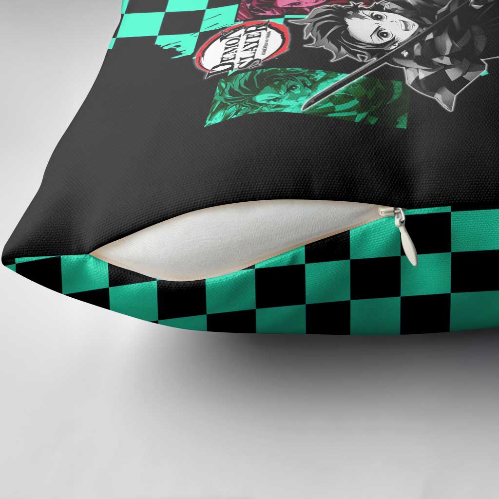 Tanjiro Kamado from Demon Slayer Pillow Cover with Green Black Checkered Pattern and Water Breathing Sword Pose Design - The Mazicc