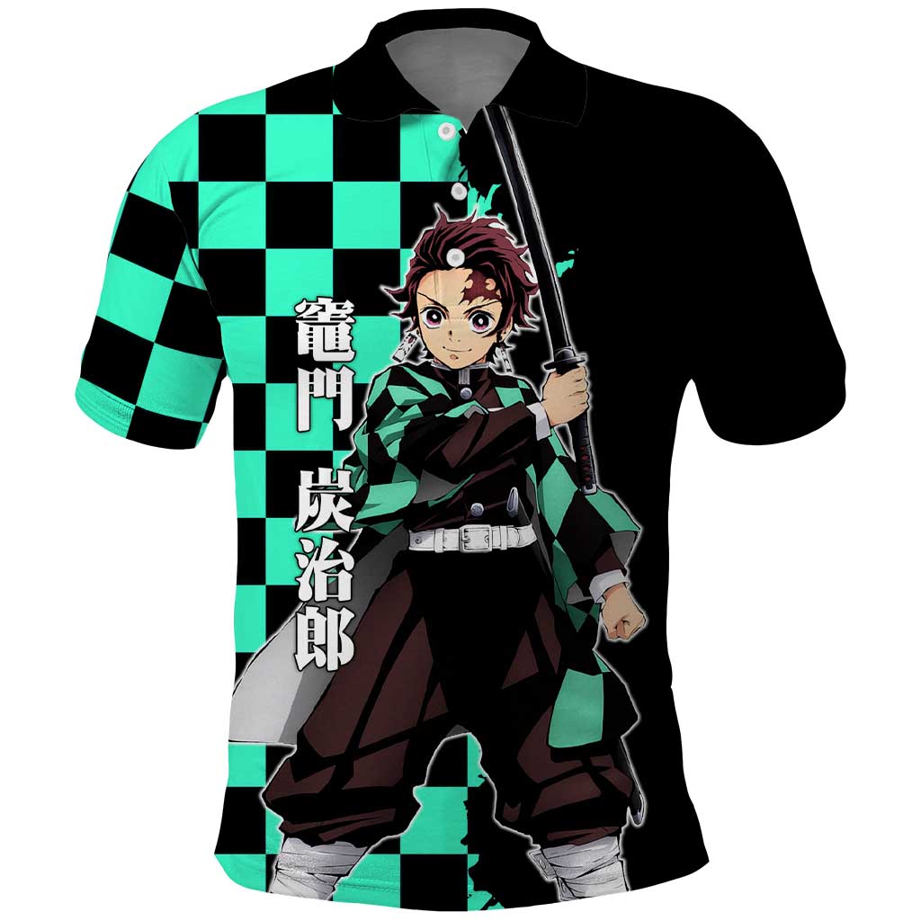 Tanjiro Kamado from Demon Slayer Polo Shirt with Green Black Checkered Pattern and Water Breathing Sword Pose Design - The Mazicc