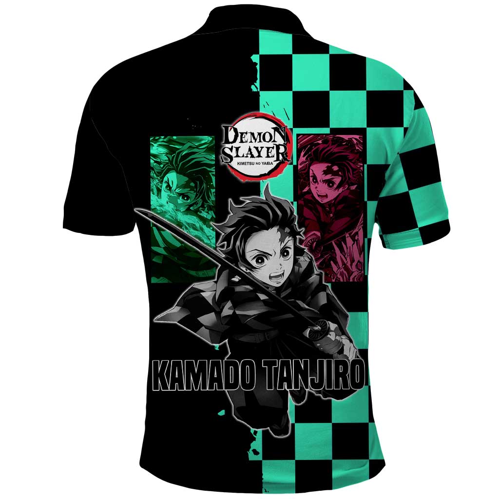 Tanjiro Kamado from Demon Slayer Polo Shirt with Green Black Checkered Pattern and Water Breathing Sword Pose Design - The Mazicc