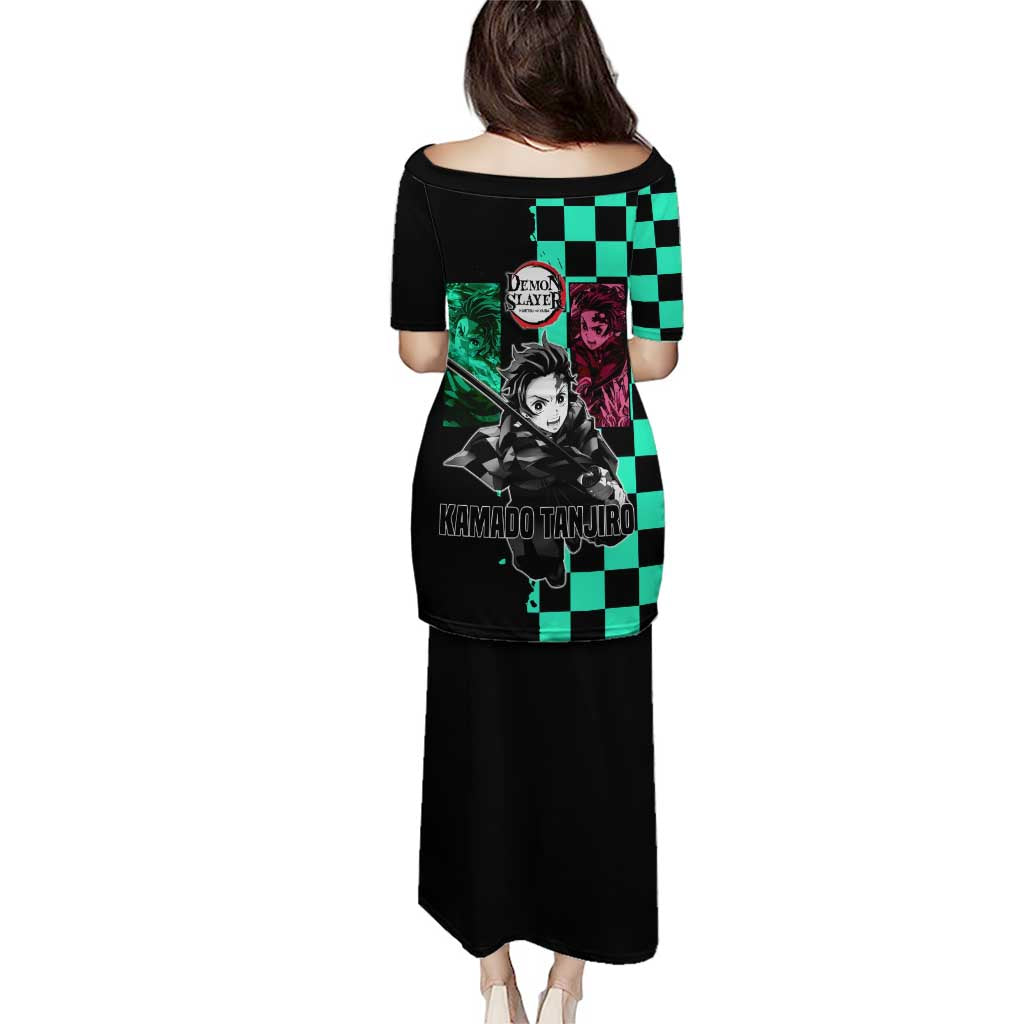 Tanjiro Kamado from Demon Slayer Puletasi with Green Black Checkered Pattern and Water Breathing Sword Pose Design - The Mazicc