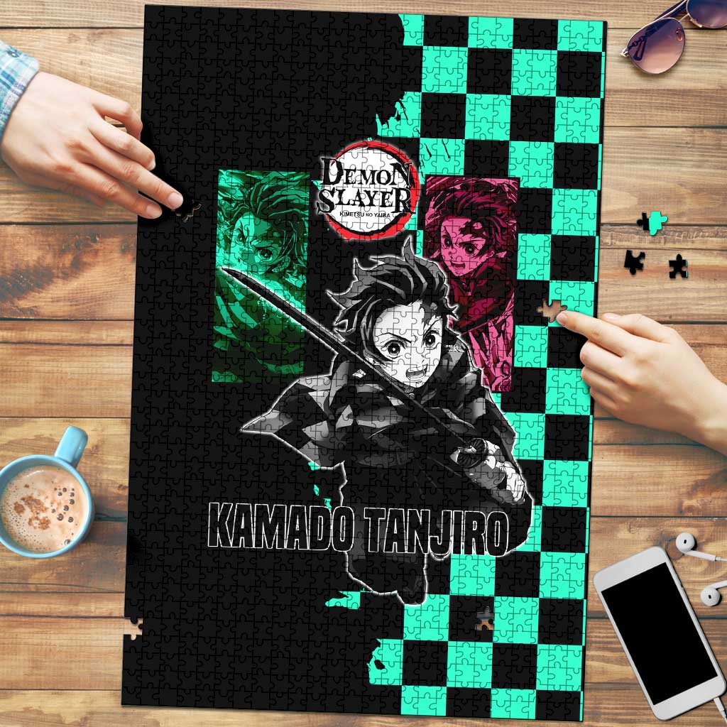 Tanjiro Kamado from Demon Slayer Puzzle with Green Black Checkered Pattern and Water Breathing Sword Pose Design - The Mazicc