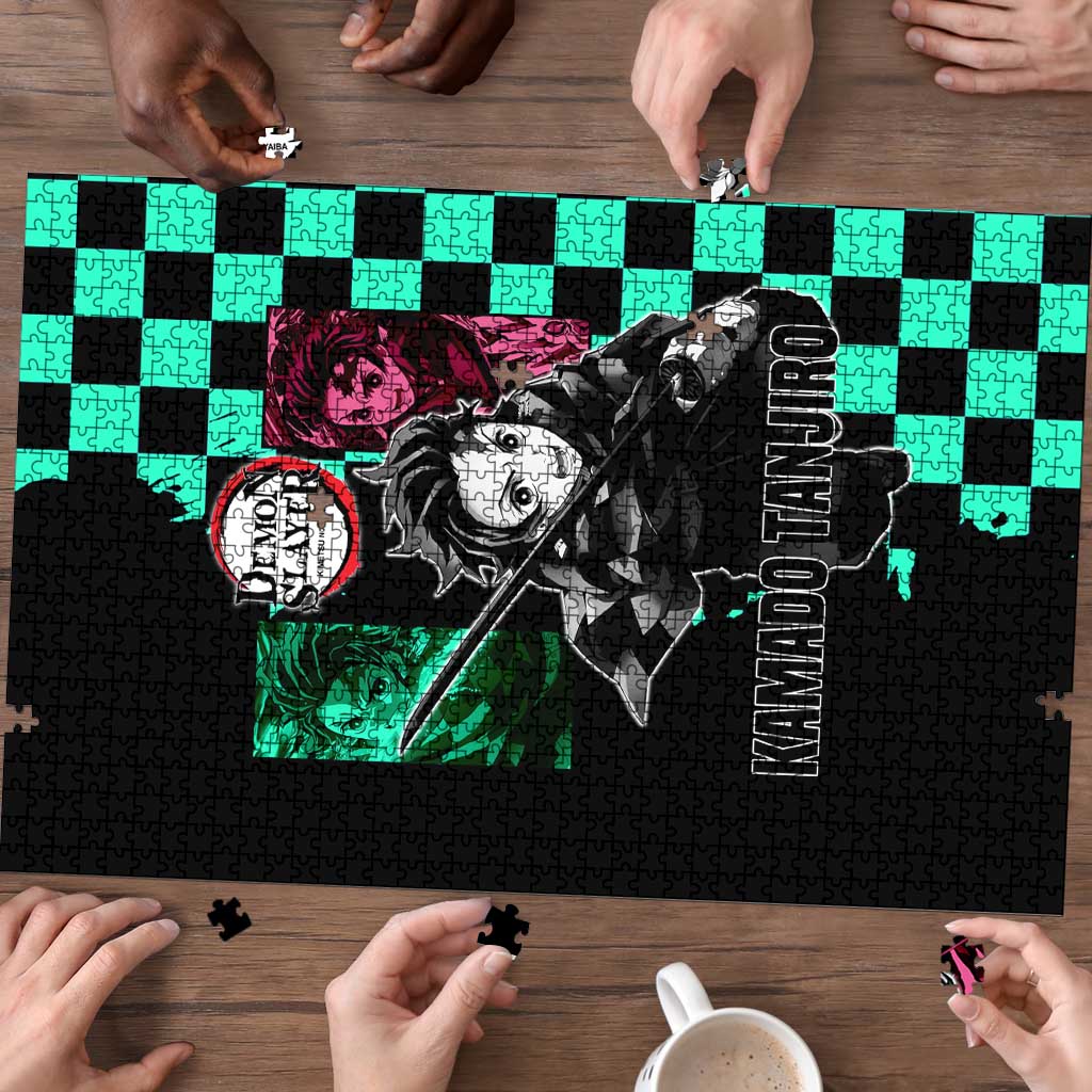 Tanjiro Kamado from Demon Slayer Puzzle with Green Black Checkered Pattern and Water Breathing Sword Pose Design - The Mazicc
