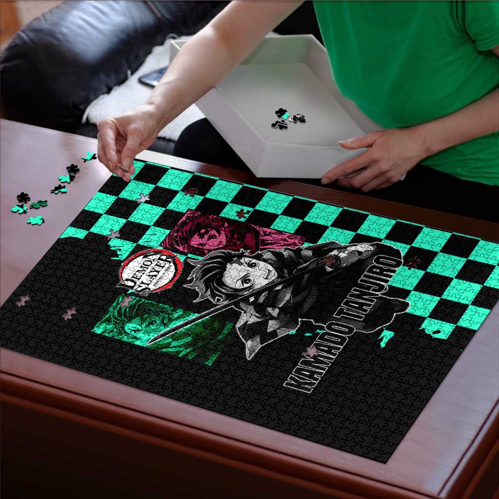 Tanjiro Kamado from Demon Slayer Puzzle with Green Black Checkered Pattern and Water Breathing Sword Pose Design - The Mazicc