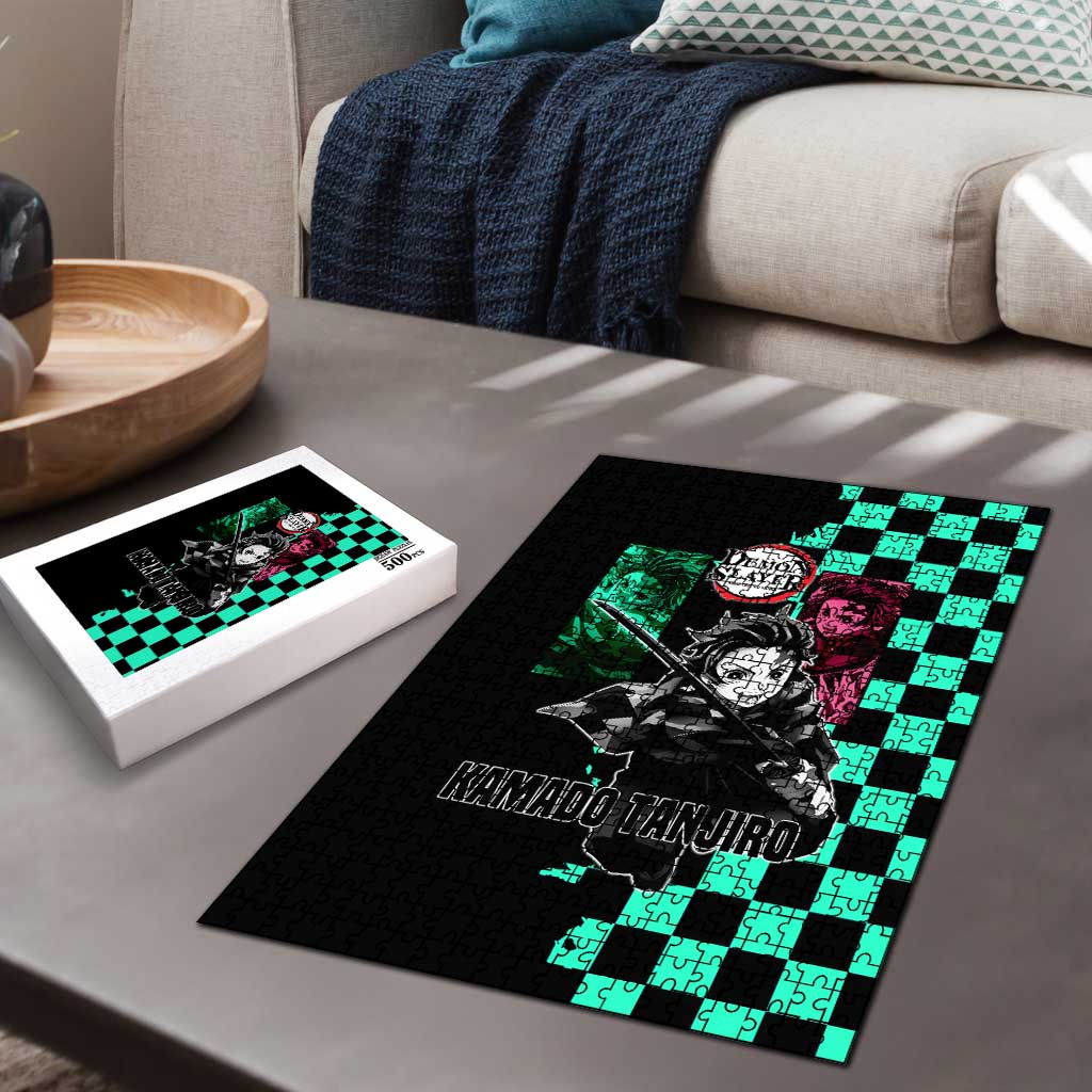 Tanjiro Kamado from Demon Slayer Puzzle with Green Black Checkered Pattern and Water Breathing Sword Pose Design - The Mazicc