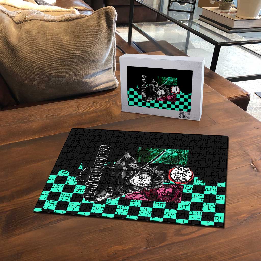 Tanjiro Kamado from Demon Slayer Puzzle with Green Black Checkered Pattern and Water Breathing Sword Pose Design - The Mazicc