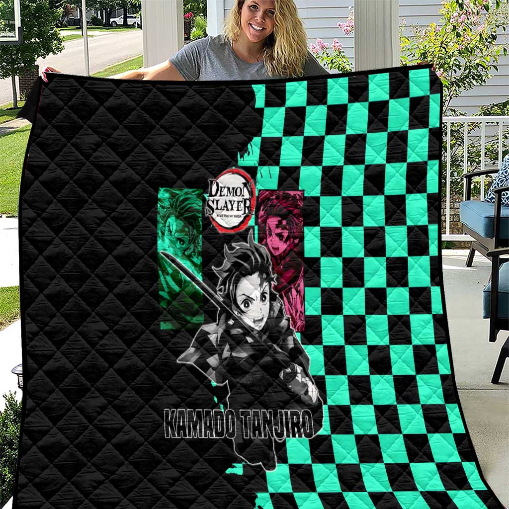 Tanjiro Kamado from Demon Slayer Quilt with Green Black Checkered Pattern and Water Breathing Sword Pose Design - The Mazicc